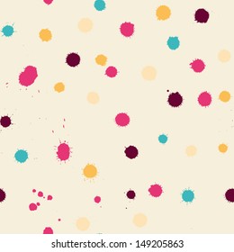 Spray paint watercolor seamless pattern. Abstract grunge vector seamless pattern. Multicolor splashes texture. Bright splashes on beige background