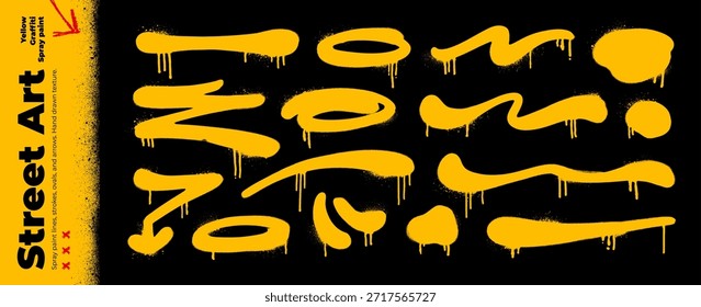 Spray paint yellow lines, strokes and ovals. Graffiti grunge gold underline and strikethrough. Doodle squiggle graffiti lines for banner design. Paint drips, splatters and stains to emphasize text.