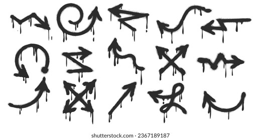 Spray painted arrows. Aerosol paint pointer set isolated, wall graffiti black grunge arrow collection, sprayed graffity urban target tags isolated vector illustration