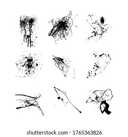 Spray painted brushes. Paint splatter dots, graffiti drips and sprayed paints. Street art grafity, vandalism paint splat spot silhouette. Isolated vector symbols set. vector eps 10.