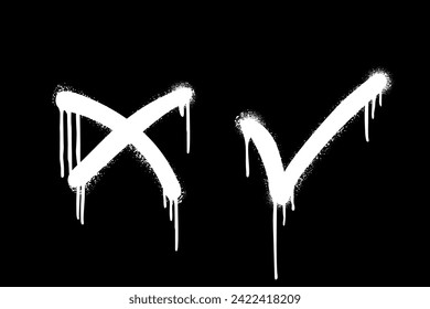 Spray painted cross and tick marks graffiti set. Signs yes and no brush drawing. Checkmark and x white vector illustration isolated on black background. Urban art. Business presentation elements.