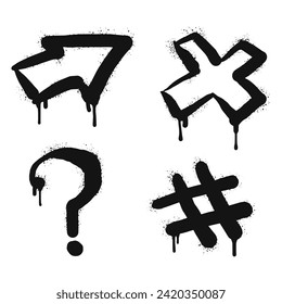 Anstrichfarbener Graffiti-Pfeil, x Kreuz, Hashtag, Fragezeichen, Design-Element-Tropfsymbol. einzeln auf weißem Hintergrund. Vektorgrafik