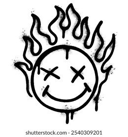 Spray Painted Graffiti Burning emoji smile isolated on white background.