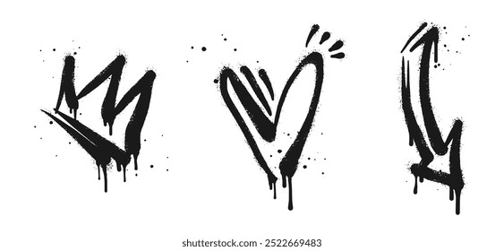 Spray painted graffiti Crown, heart, and Arrow drip symbol. isolated on white background. vector illustration