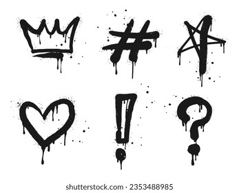 Spray painted graffiti Crown, star, question marks, heart, question drip symbol. isolated on white background. vector illustration
