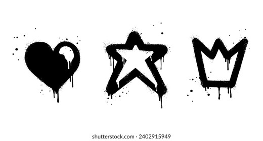 Spray painted graffiti Crown, star and heart drip symbol. isolated on white background. vector illustration