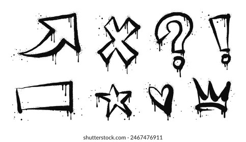 Spray painted graffiti Crown, star, arrow, heart and exclamation point drip symbol. isolated on white background. vector illustration