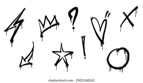 Spray painted graffiti Crown, star, flash, heart, Arrow drip symbol. isolated on white background. vector illustration