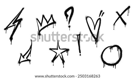 Spray painted graffiti Crown, star, flash, heart, Arrow drip symbol. isolated on white background. vector illustration