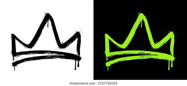 Símbolo de corona de graffiti pintado en aerosol con pintura goteante. Ilustración de arte callejero grunge audaz en negro y verde neón con pinceladas ásperas, aislado en fondos claros y oscuros