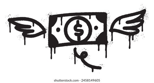 Spray Painted Graffiti Dollar bill with wings icon Sprayed isolated with a white background.