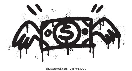 Spray Painted Graffiti Dollar bill with wings icon Sprayed isolated with a white background.