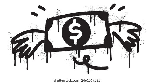 Spray Painted Graffiti Dollar bill with wings icon Sprayed isolated with a white background.