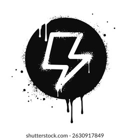 Graffiti peint par pulvérisation Foudre électrique, Éclair en noir sur blanc. Gouttes de symbole de boulon de tonnerre pulvérisé. isolé sur fond blanc. illustration vectorielle