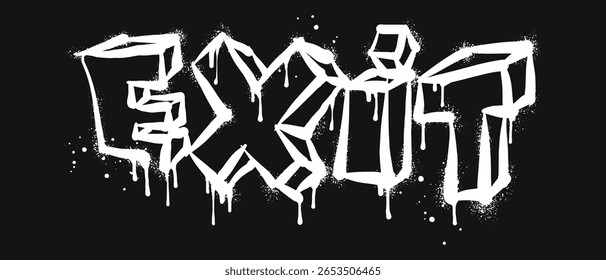 Spray pintado grafite Sair palavra em preto sobre branco. Gotas de palavras de saída pulverizadas. isoladas no fundo preto