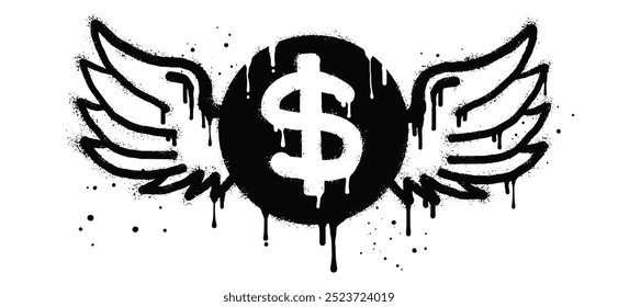 Spray painted graffiti flying dollar with wings icon in black over white. Dollar money with wings drip symbol. isolated on white background. vector illustration