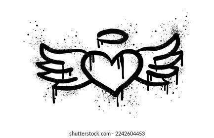 Spray painted graffiti flying heart with wings icon in black over white. Heart with wings drip symbol. isolated on white background. vector illustration