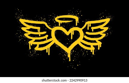 Spray painted graffiti flying heart icon in gold color. Heart with wings drip symbol. isolated on black background. vector illustration svg
