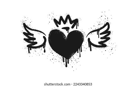 Spray painted graffiti flying heart with wings icon in black over white. Heart with wings drip symbol. isolated on white background. vector illustration
