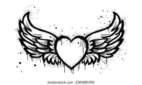 Spray painted graffiti flying heart with wings icon in black over white. Heart with wings drip symbol. isolated on white background. vector illustration