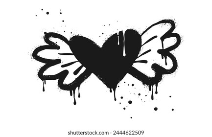 Spray painted graffiti flying heart with wings icon in black over white. Heart with wings drip symbol. isolated on white background. vector illustration