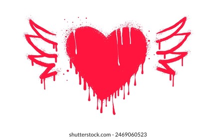 Spray painted graffiti flying heart with wings icon. Red over white. Heart with wings drip symbol. isolated on white background. vector illustration