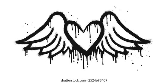 Spray painted graffiti flying heart with wings icon in black over white. Heart with wings drip symbol. isolated on white background. vector illustration