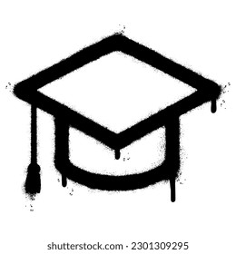 Spray Painted Graffiti Graduation Hat icon Sprayed isolated with a white background. graffiti Graduate symbol with over spray in black over white. Vector illustration.