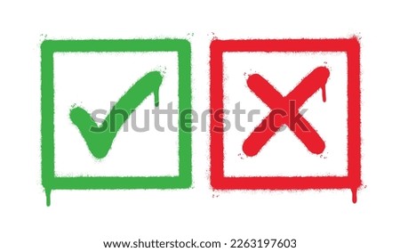 Spray Painted Graffiti Green tick check mark and cross mark icon Sprayed isolated with a white background. graffiti symbols YES and NO with over spray in black over white.
