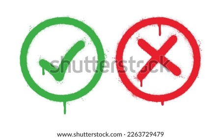 Spray Painted Graffiti Green tick check mark and cross mark icon Sprayed isolated with a white background. graffiti symbols YES and NO with over spray in black over white.