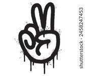 Spray Painted Graffiti Hand gesture V sign for victory icon Sprayed isolated with a white background. graffiti Hand gesture V sign for peace symbol with over spray in black over white.