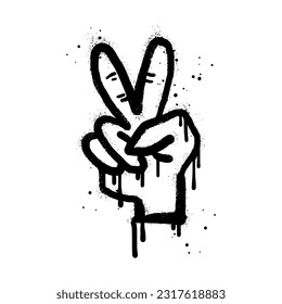 Spray painted graffiti Hand gesture V sign for victory, peace sign. isolated on white background. vector illustration