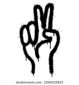 Spray Painted Graffiti Handgesture V Zeichen für Siegessymbol Sprayed einzeln auf weißem Hintergrund. Graffiti Handgesture V Zeichen für Friedenszeichen mit einem Übersprühen in schwarz auf weiß.