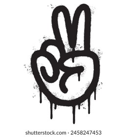 Spray Painted Graffiti Hand gesture V sign for victory icon Sprayed isolated with a white background. graffiti Hand gesture V sign for peace symbol with over spray in black over white.