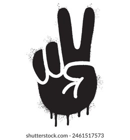 Spray Painted Graffiti Hand gesture V sign for victory icon Sprayed isolated with a white background. graffiti Hand gesture V sign for peace symbol with over spray in black over white.