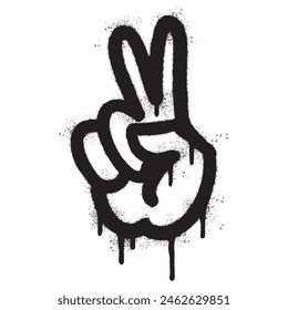 Spray Painted Graffiti Hand gesture V sign for victory icon Sprayed isolated with a white background. graffiti Hand gesture V sign for peace symbol with over spray in black over white.