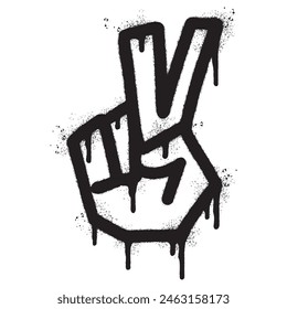 Spray Painted Graffiti Hand gesture V sign for victory icon Sprayed isolated with a white background. graffiti Hand gesture V sign for peace symbol with over spray in black over white.