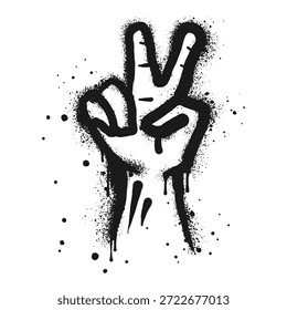 Spray painted graffiti Hand gesture V sign for peace on black over white. peace symbol. isolated on white background