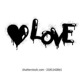 Spray painted graffiti Heart symbol and love word in black over white. Drops of sprayed love words. isolated on white background. vector illustration