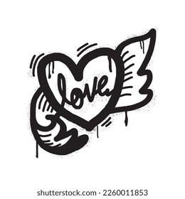 Spray Painted Graffiti heart wings icon Sprayed isolated with a white background. graffiti love wings symbol with over spray in black over white. Vector illustration.