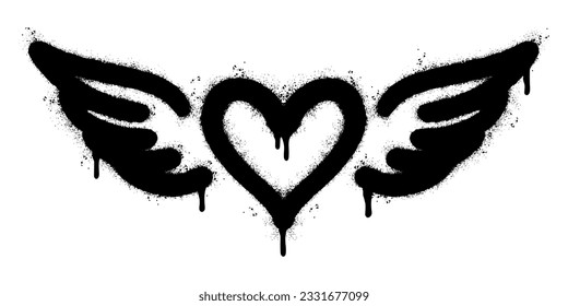 Spray Painted Graffiti heart wings icon Sprayed isolated with a white background. graffiti love wings  symbol with over spray in black over white. Vector illustration.