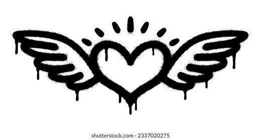 Spray Painted Graffiti heart wings icon Sprayed isolated with a white background. graffiti love wings  symbol with over spray in black over white. Vector illustration.