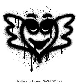 Spray Painted Graffiti hart vleugels icoon Sprayed. graffiti liefde vleugels symbool met over spray in zwart over wit.