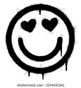Spray Painted Graffiti hearts eyes emoticon Sprayed isolated with a white background. graffiti Smile in love emoticon icon with over spray in black over white. svg