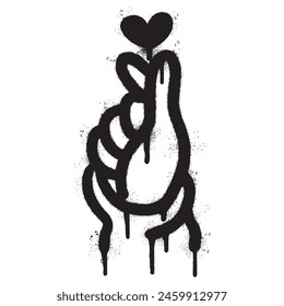 Spray Painted Graffiti Korean heart sign Sprayed isolated with a white background. graffiti Finger love symbol with over spray in black over white.