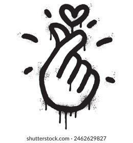 Spray Painted Graffiti Korean heart sign Sprayed isolated with a white background. graffiti Finger love symbol with over spray in black over white.