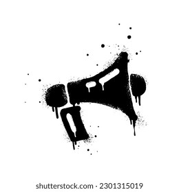 Spray painted graffiti megaphone on black over white. loudspeaker doodle illustration. isolated on white background