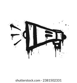 Spray painted graffiti megaphone on black over white. loudspeaker doodle illustration. isolated on white background