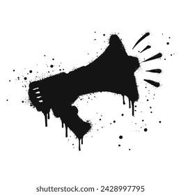 Spray painted graffiti megaphone on black over white. loudspeaker doodle illustration. isolated on white background