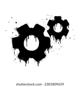 Spray painted graffiti of moving gears wheels in black over white. gear icon drip symbol. isolated on white background. vector illustration